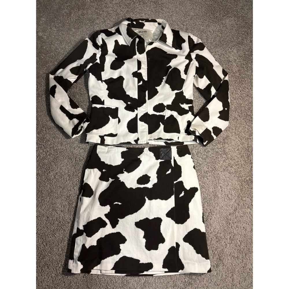 Y2K Michael Michael Kors Cow Print Skirt Suit Jacket Mini Skirt Brown White L